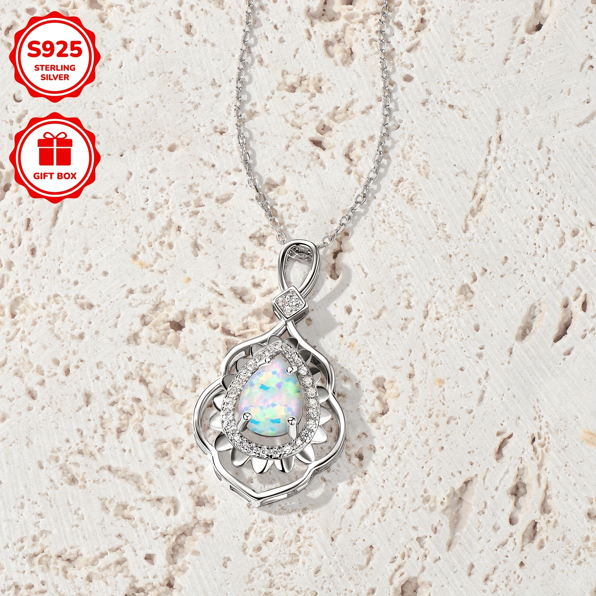 925 Silver Opal Pendant Necklace with Zirconia Studded - Bohemian Vintage Style